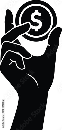 Hand holding a coin with a dollar sign.