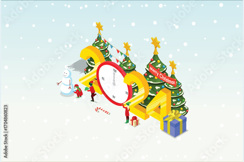 Isometric illustration Christmas and New year design concept. People Celebrates Christmas and New Year with Christmas tree, gift boxes and Snowman. Suitable for Infographics and Book Illustration