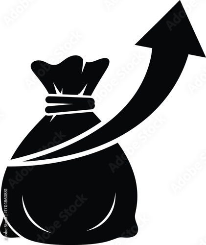 Black and white illustration of a money bag with an upward-pointing arrow, symbolizing growth.
