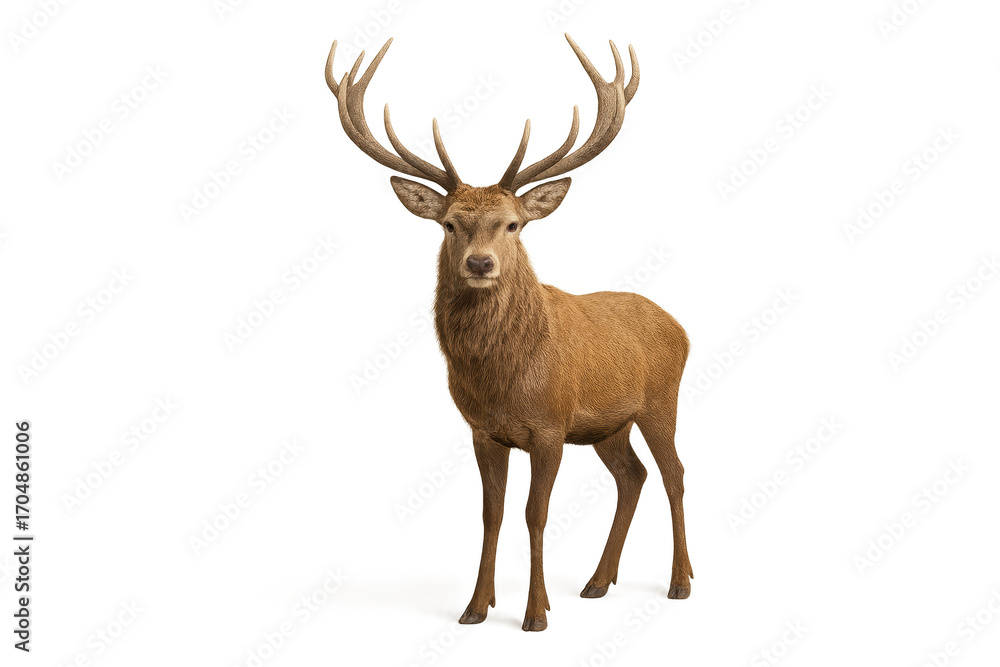 Fototapeta premium Elegant red deer stag full body studio shot on pristine white seamless with soft shadow wildlife portrait high detail antlers majestic pose
