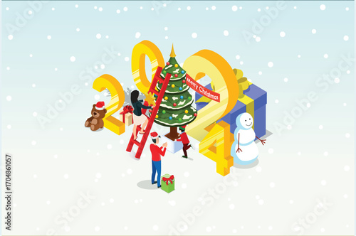 Isometric illustration Christmas and New year design concept. People Celebrates Christmas and New Year with Christmas tree, gift boxes and Snowman. Suitable for Infographics and Book Illustration