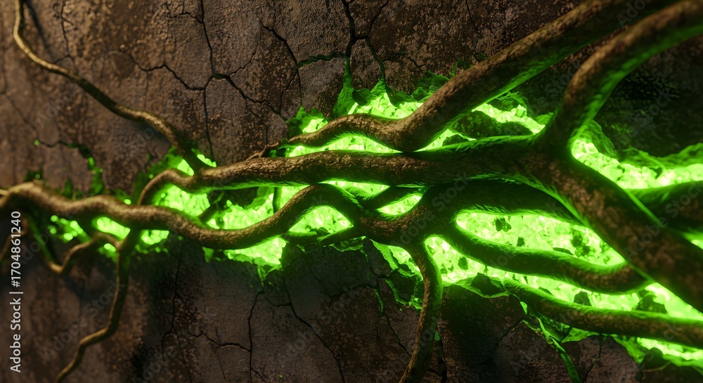 Naklejka premium A cracked wall glowing with green roots, symbol of renewal.