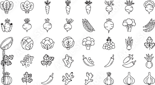 Fresh vegetable icons offering a healthy lifestyle concept, ideal for recipe books, food blogs, and nutrition guides to promote wellness and vibrant living through wholesome eating