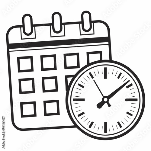 Illustration of a calendar with square date blocks and a clock showing the time next to it icon art