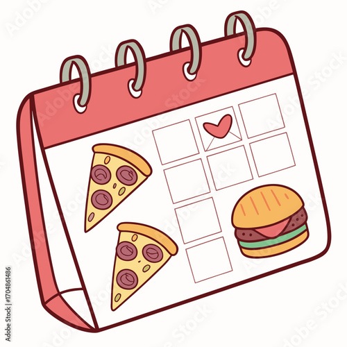 Illustration of a calendar with pizza slices, a burger, and a heart marking a special date reminder
