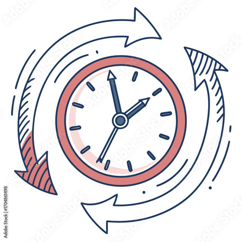 Circular arrows rotating around a clock with hands indicating time in a stylized hand drawn design