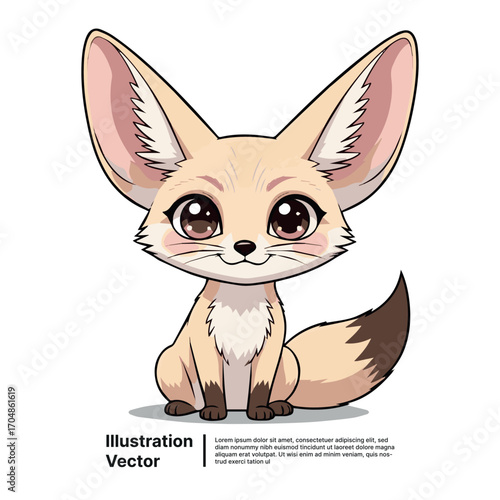 Cute Fennec Fox with Big Ears, Adorable Cartoon Animal Illustration on White Background