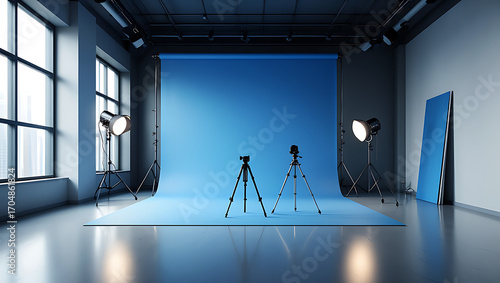 Bright daylight illuminates a professional photography studio featuring a seamless blue backdrop and two tripods ready for content creation indoors
