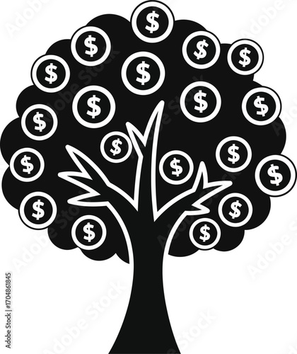 Money Tree Icon: Black and white illustration of a tree with dollar coins as leaves.