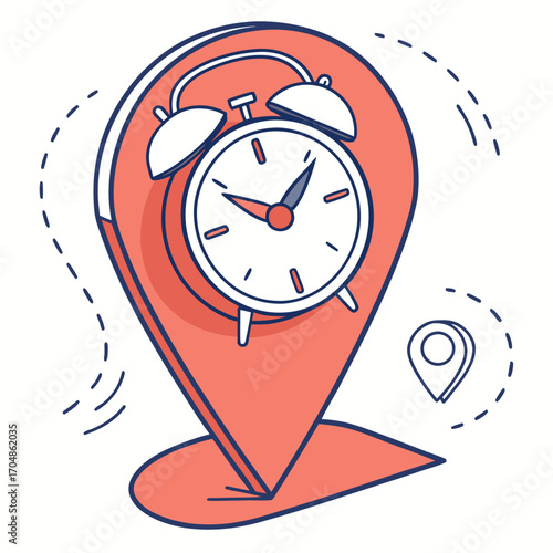 Alarm clock inside a location pin with dashed lines indicating movement or time passing around it design