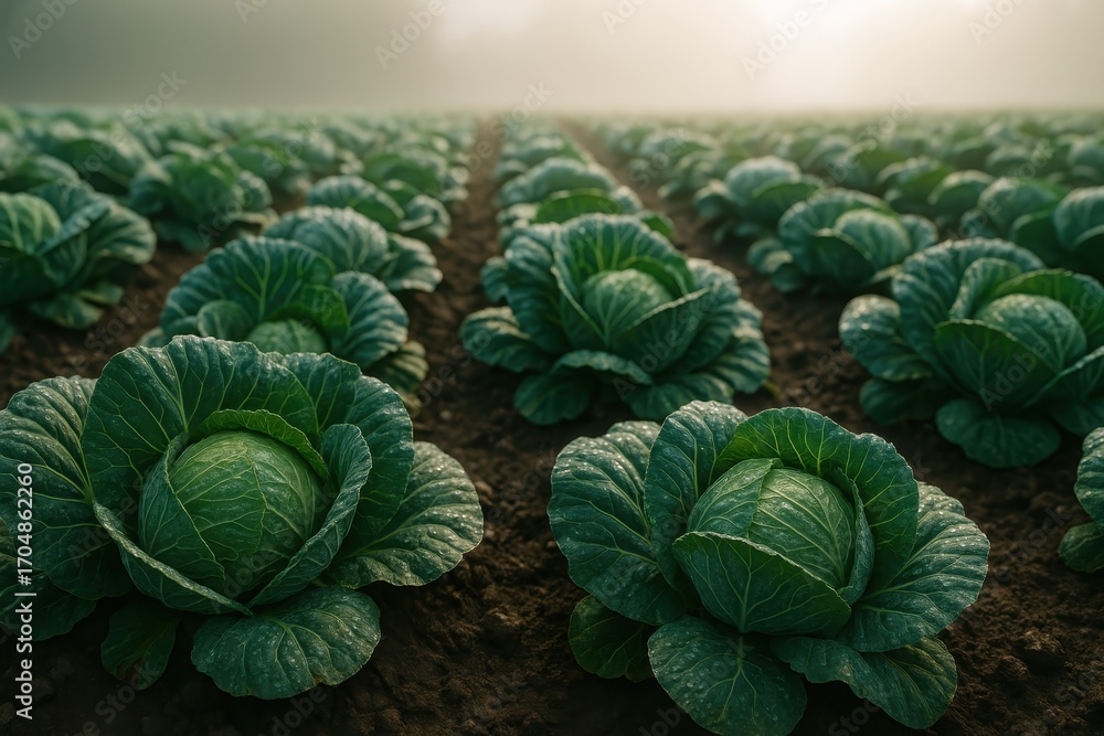 Fototapeta premium Fresh dew kissed cabbage heads growing in rich soil under morning light organic farm field texture vibrant green leaves crisp harvest ready vegetables