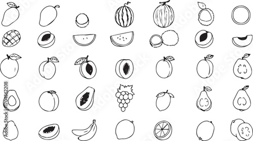 Whimsical fruit line art collection for healthy eating concepts, nutrition campaigns, and fresh food illustrations, perfect for summer menus