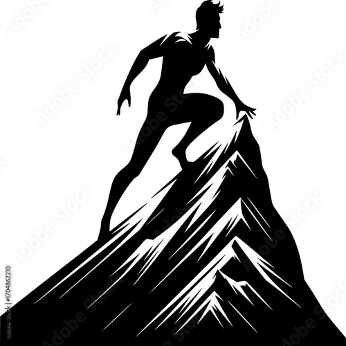 Peak Performance: A striking silhouette of a determined individual scaling the jagged peak of a mountain, a visual metaphor for ambition, and achieving one's aspirations.