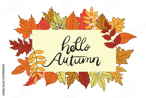 Hello Autumn Text with Colorful Fall Leaves Border
