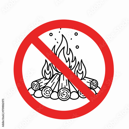 A bold red prohibition symbol slashes across a line-art campfire, serving as a clear and universal warning that open flames are strictly forbidden