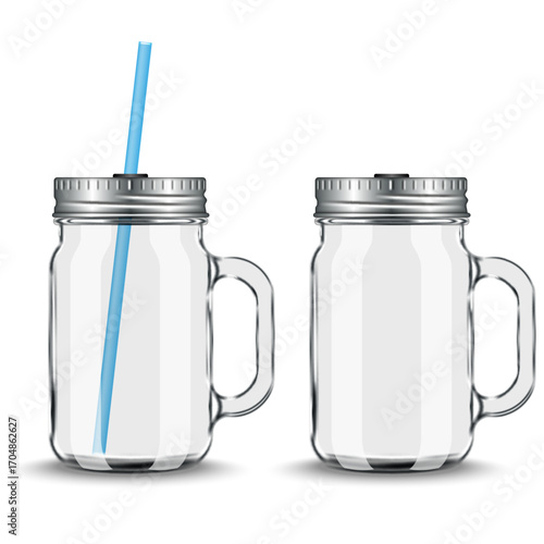 Realistic transparent glass smoothie jars set with metal lids with handle and blue drinking straw vector 3d blank mockup, empty cups front view isolated on white illustration for juice, cocktail.