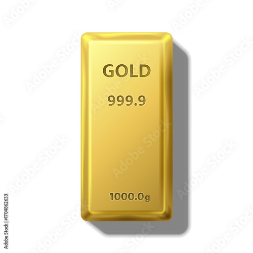 Realistic shiny gold bar mockup 3d vector isolated on white background top view, symbol of wealth, investment, finance, and luxury asset, banking, savings, economic growth.