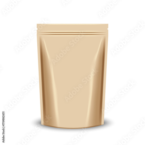 Realistic blank brown kraft paper stand-up pouch with zip lock mockup 3d vector isolated on white front view, product doypack template, showcasing eco-friendly design in sustainable food and snack.