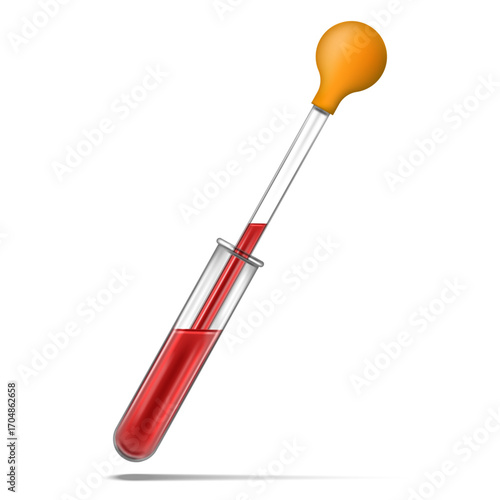 Realistic glass pipette with orange rubber bulb and test tube filled with red blood, 3d vector isolated laboratory equipment for medical laboratory testing, scientific research, chemical analysis.