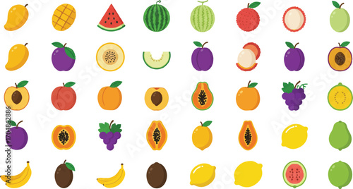 Vibrant assortment of delicious tropical fruits in a colorful, playful pattern, perfect for healthy eating promotions, summer designs, or fresh food marketing materials