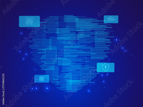 Cyber Security intelligence Data protection with futuristic big data Algorithm Binary Code Digits moving shield shapes alignment and blue light effect on blue dark background vector design concept.
