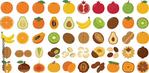 Assortment of colorful fruits and nuts in a delightful arrangement, perfect for healthy eating campaigns, nutritional guides, and vibrant food-related designs