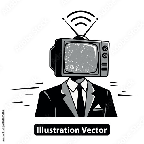 Retro TV Head Man in Suit Illustration - Conceptual Media Satire with Antenna
