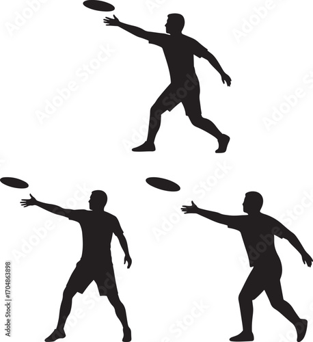 Three men throwing frisbees silhouette