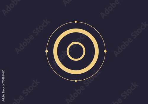 Minimalist abstract concept of a golden geometric symbol with concentric circles and orbital lines, representing a celestial system or futuristic emblem