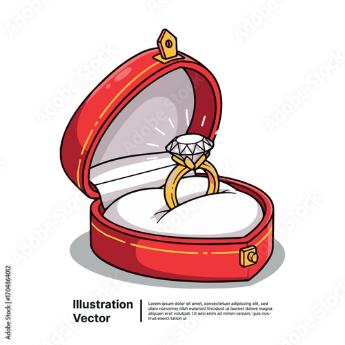 Elegant gold engagement ring with a brilliant sparkling diamond in a red heart-shaped box