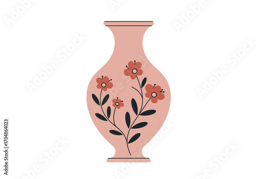 Elegant pink ceramic vase with a hand-painted floral pattern. A beautiful piece of bohemian-style home decor for interior design