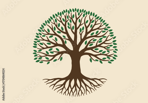Stylized vector illustration of a circular tree of life with a lush green canopy and intricate root system. This symbolic icon represents growth, nature, family, and strength