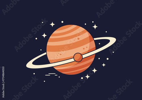 A charming vector illustration of a ringed planet, reminiscent of Saturn, against a dark, star-filled space, ideal for astronomy and cosmic wonder themes