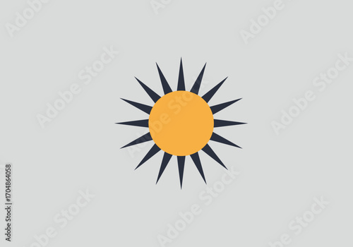 Simple stylized graphic design of a sun symbol with spiky rays around a central orange disc against a minimalist grey background