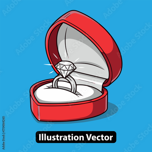 Elegant diamond engagement ring sparkling in an open red heart-shaped case on a blue background