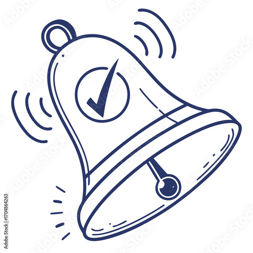 Ringing bell with check mark inside a circle indicating notification or confirmation alert design vector