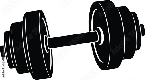 Black and white graphic illustration of a dumbbell with adjustable weight plates for strength training.