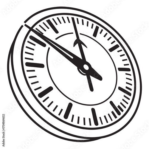 Illustration of a clock face with hands indicating time in a black and white graphic design style
