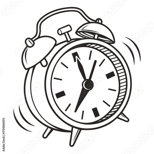 Illustration of a ringing alarm clock with bells and visible hands indicating the time in black and white
