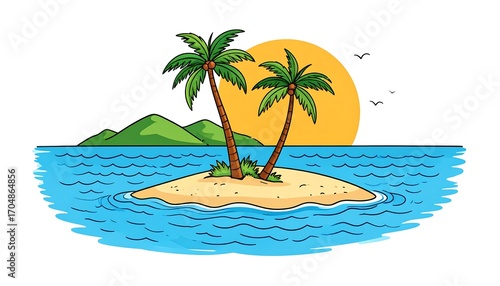 Tropical island scene with palm trees
