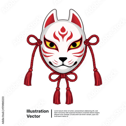 Traditional Japanese Kitsune Fox Mask Illustration with Red Tassels and Cord - Artistic Cultural Symbol