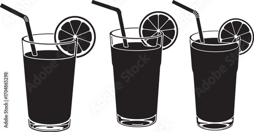 Three tall glasses of dark juice silhouette