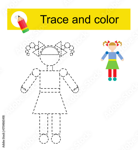 Preschool worksheet for practicing fine motor skills. Cartoon doll.