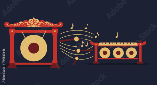 This elegant illustration showcases traditional Indonesian Gamelan musical instruments, featuring ornate gongs and flowing musical notes, representing a rich cultural heritage.