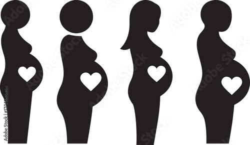 Four pregnant women silhouette with heart symbol