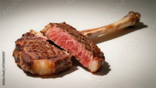 Tomahawk Steak Cut in Half Showing Juicy Meat