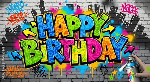 Vibrant graffiti art spells out 'Happy Birthday' on a brick wall with a spray can.
