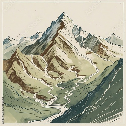 Stylized mountain landscape with a grand peak and serene river valleys vintage illustration