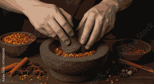 Hands grinding dried chili peppers and spices in a stone mortar and pestle, preparing a flavorful seasoning blend.
