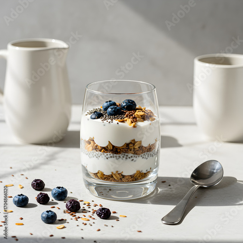 Delicious yogurt parfait with granola, chia seeds, and fresh blueberries for healthy lifestyle
